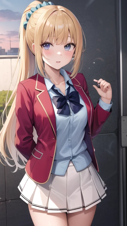 masterpiece, best quality, highres, bbkei, long hair, blonde hair, ponytail, hair scrunchie, collarbone, blue bowtie, collared shirt, blue shirt, red jacket, blazer, open jacket, long sleeves, pleated skirt, white skirt, outdoors, standing, cowboy shot,