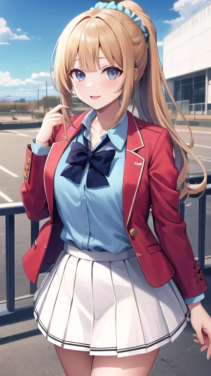 masterpiece, best quality, highres, bbkei, long hair, blonde hair, ponytail, hair scrunchie, collarbone, blue bowtie, collared shirt, blue shirt, red jacket, blazer, open jacket, long sleeves, pleated skirt, white skirt, outdoors, standing, cowboy shot,