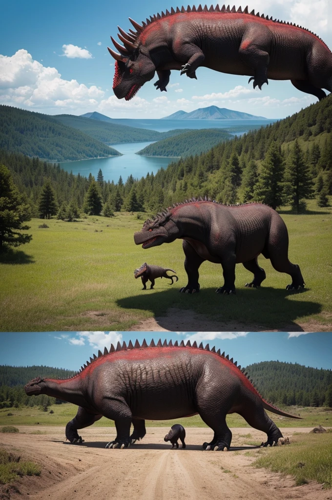 Create an accurate image of a couple of black Tyrannosaurus Rex attacking an Albino Triceratops with reddish stripes and the setting is a plain with a lake nearby and two trees in the center and a tense forest around it and the image has gore and the image is 3D and realist