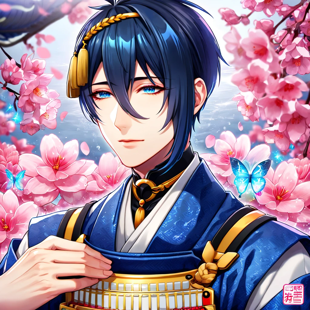 absurdres, highres, ultra detailed, HDR, master piece, best quality, Mikazuki Munechika, dark blue hair, expressive blue eyes, Touken Ranbu, solo, sexy man, handsome, dark blue kimono, fantasy, shining, water, pink flowers, pink blossoms, pink butterflies, pink petals