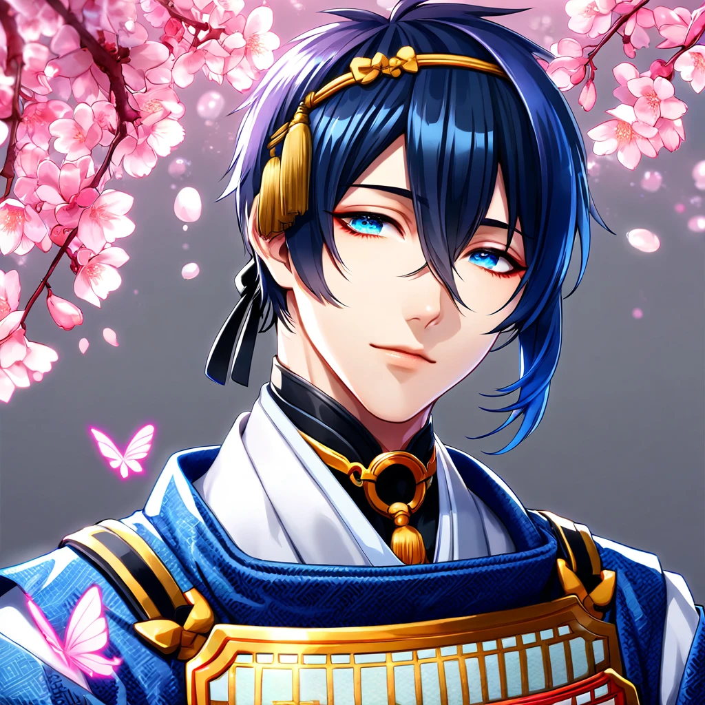absurdres, highres, ultra detailed, HDR, master piece, best quality, Mikazuki Munechika, dark blue hair, expressive blue eyes, Touken Ranbu, solo, sexy man, handsome, dark blue kimono, fantasy, shining, water, pink flowers, pink blossoms, pink butterflies, pink petals