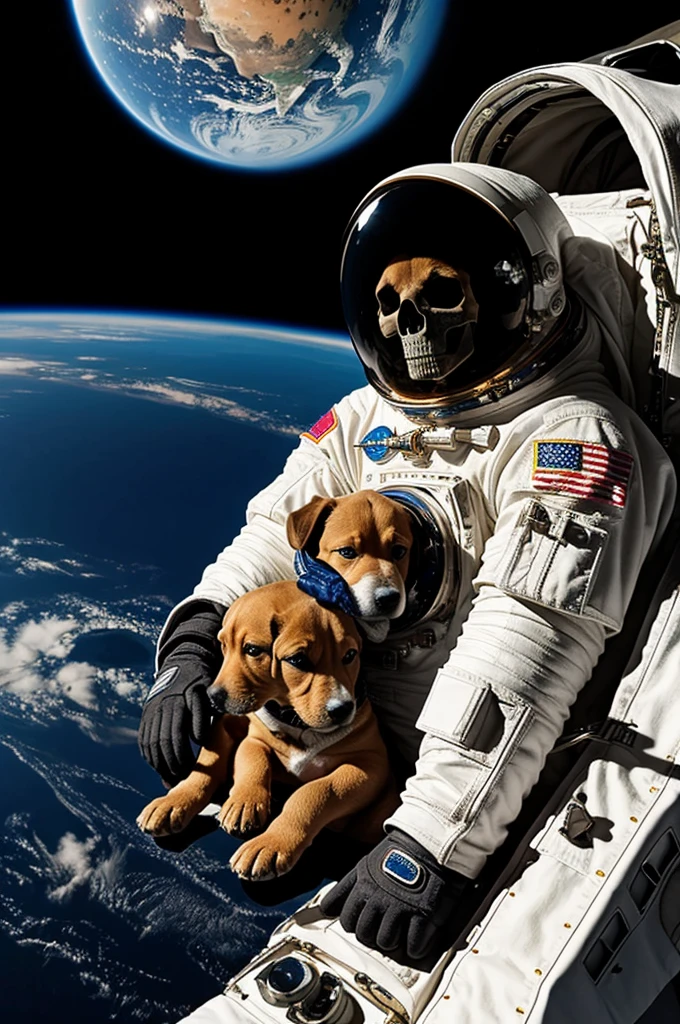 An astronaut with a skull face next to him a puppy and space