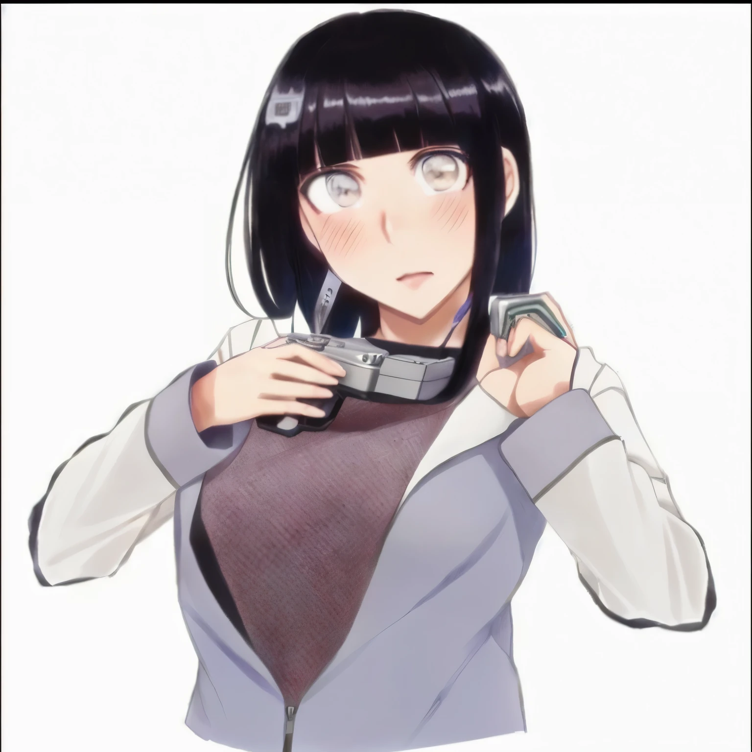 girl with black hair and blue eyes holding a camera, hinata hyuga, hinata hyuga from naruto, kotegawa yui, thicc, she has black hair with bangs, oppai cyberpunk, shikamimi, gapmoe yandere, gordon freeman as a woman, yayoi kasuma, ecchi, she has black hair, revealing clothes, realistic images