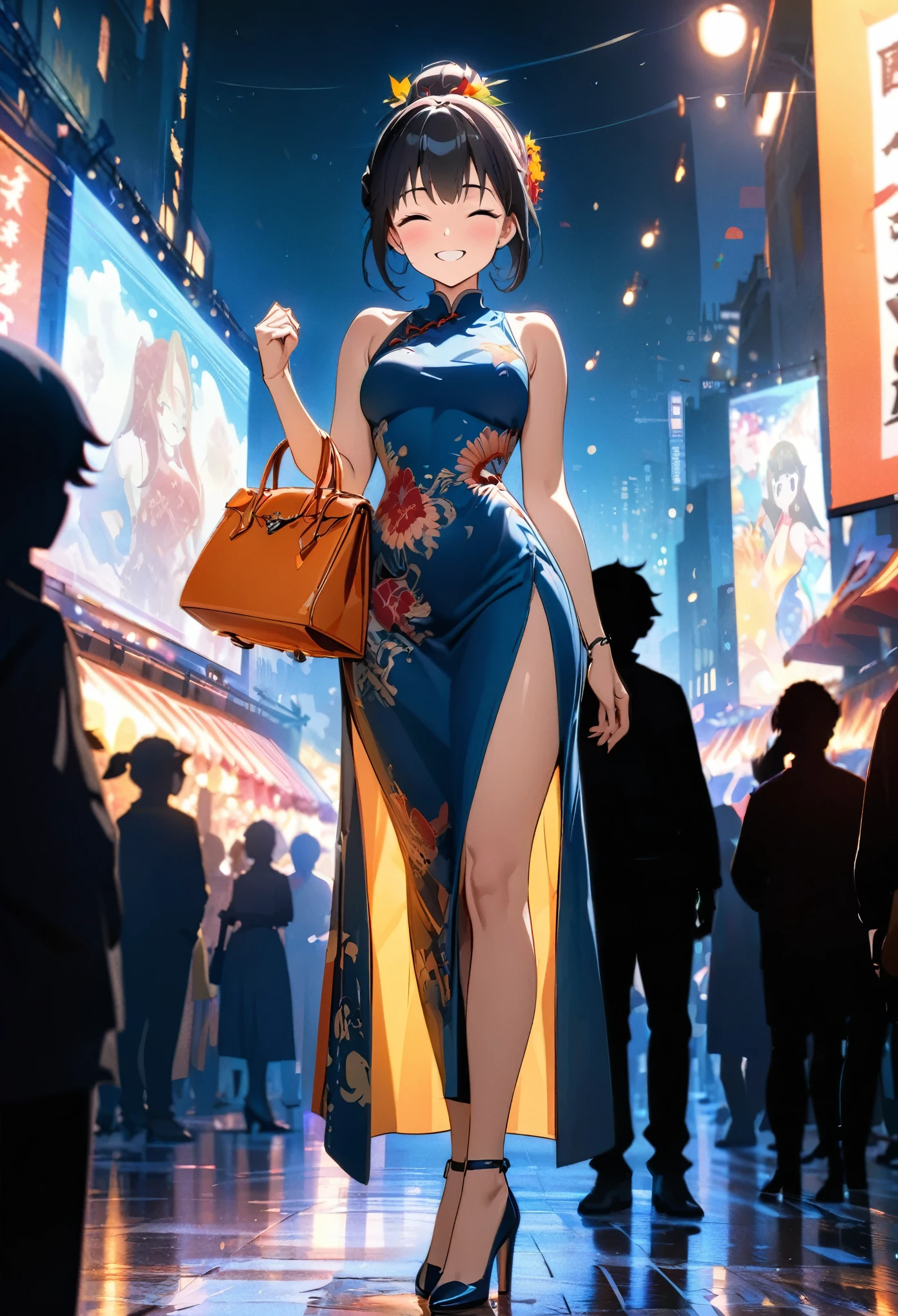 (best quality,8k,highres, masterpiece:1.2), (anime style),ultra-detailed, HDR, UHD, studio lighting, ultra-fine painting, sharp focus, physically-based rendering, extreme detail description, professional, vivid colors, bokeh, portraits, concept artists, warm color palette, dramatic lighting,Summer festival night,1 beautiful woman,(no sleeves China dress),updo, big smile, closed eyes, (The cityscape lined with the fairs of summer festivals),(beautiful hair, glowing skin,),(Silhouette of a passing crowd),(anime style),(high heels with straps),Holding a Hermès Kelly Bag