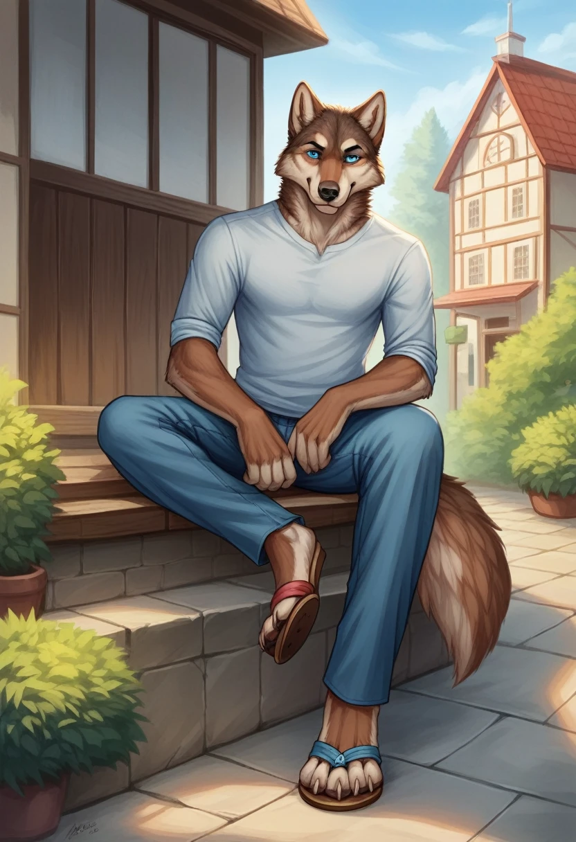 Larry (Zveropolis), wolf, gray fur, (brown body:1.3), beautiful blue eyes, Zveropolis, dressed,shirt,trousers, Sandals with heels,canine,wolf, detailed fur, male, second, paw pads, finger claws,legs,At the viewer, 5 fingers, paws, 4 пальца на legs,Houses комната,Sandals with heels, coming,
BREAK from nextel, for dating, by xenoforge, (difficult, high detail,digital photography, soft focus, RAW, close to the camera, smile, positive, Good, mood, Houses, looks at the viewer, очень close to the camera, is sitting, computer games,
Photorealism, realistic, photorealistic,digital style, Subsurface scattering,очень close to the camera
шедевр, Best quality, ultra realistic, 8 thousand.)