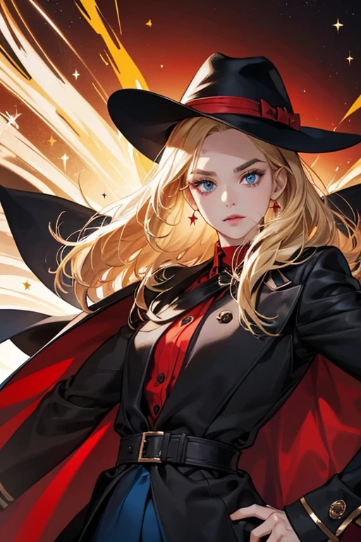 SHE has short, wild blond hair, black eyebrows, and drooping blue eyes. SHe wears a long black coat with red cuffs, a red shirt and black tie, red pants, and brown boots, as well as a small black hat. SPARKLE; GLITTER