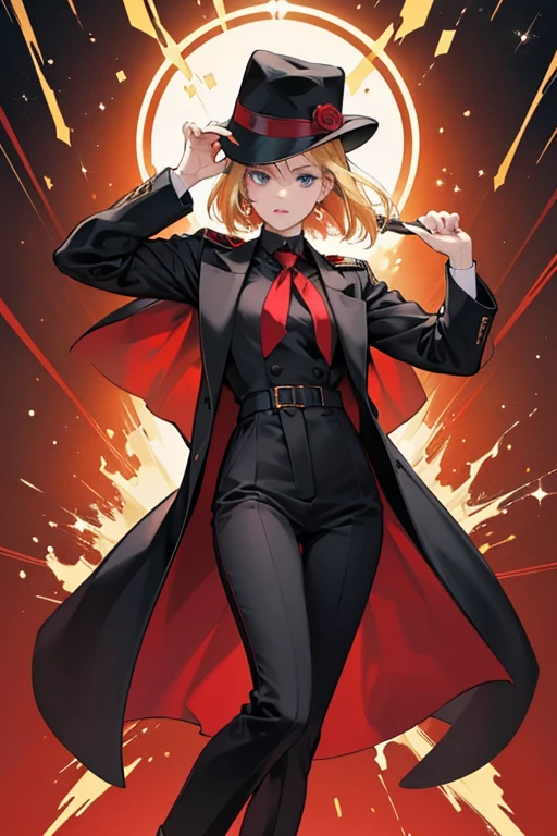 SHE has short, wild blond hair, black eyebrows, and drooping blue eyes. SHe wears a long black coat with red cuffs, a red shirt and black tie, red pants, and brown boots, as well as a small black hat. SPARKLE; GLITTER