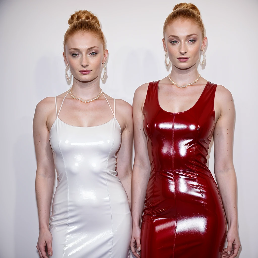 (full body) full-length shot of Sophie Turner, in shiny red latex dress, hair tied back, wearing pearl necklace, wearing hoop earrings, ultra sharp focus, trimmed pubic hair (high detailed skin:1.2), 8k uhd, dslr, high quality, film grain, Fujifilm XT38k, 1girl solo