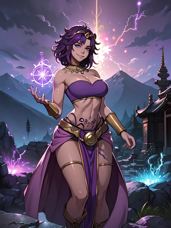 Step into the realm of high-fantasy with a photo of a mesmerizing game character featuring resplendent purple hair and rich brown skin. She's a sorceress that wields her magical powers with grace and precision, showcasing her exceptional abilities. The photo captures the essence of a powerful and majestic sorceress, destined for greatness in a world filled with mystical wonders. (Realm of high-fantasy with mesmerizing game character), (Resplendent purple hair and dark skin:1.2), (covered in tattoos:1.3), (Wearing: golden headpiece, necklace, purple bandeau, golden belt, purple pelvic curtain, sarong, bracer, golden boots:1.2), (Magical powers with grace and precision), (Powerful and majestic character:1.3), inspired by greatness in a world of mystical wonders,(((milf))), looking at viewer with an calm smile, fierce and confident posture, both hands glowing bright purple, purple magic, bright purple sparks in both hands, (Night time, ethereal and magical atmosphere, outdoors, dark clouds in the sky, purple lighting, stone temple, mount top, stone structures, purple and magenta aroura's in the surroundings, gorgeous view of the mountains)
