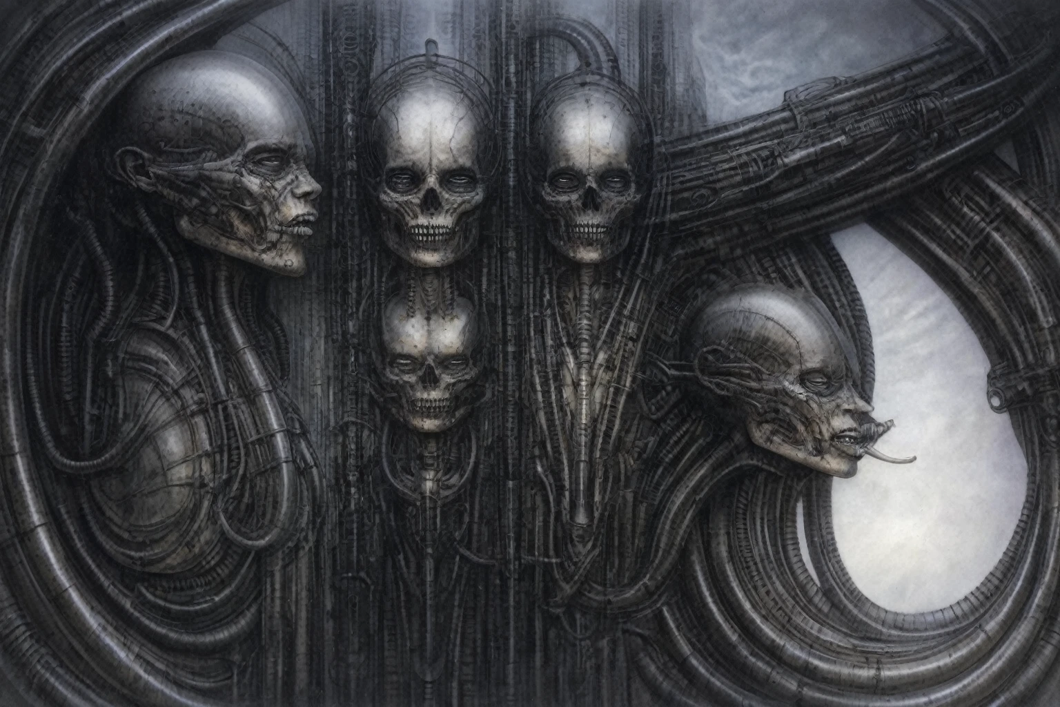 Giger_style, The image is a detailed view of H.R. Giger's Tableau \" Biomechanical Landscape No 312 \" plate.
The image is a photograph of a complex, abstract bone and ivory structure that resembles pipes and wires. The structure is composed of numerous pipes and wires intertwining and overlapping each other in a chaotic yet harmonious manner.
The style is clearly biomechanical. Features combination of organic and mechanical forms. Mechanical elements dominate the background of composition, there are subtle organic hints. The use of undersaturated purple-grays dark contrasts creates a stark and graphic look. Is used a variety of linework techniques to create different textures. Fine, parallel lines create a smooth, metallic texture,while thicker, more cursive lines suggest cables or wires. The artwork is shiny and purplish brown, with an ivory bones prominently displayed. The image is highly detailed and intricate, almost like a 3d version of a medical diagram (detailed view of an anatomy sketch, possibly of a humanoid body, with transparent organs and bones exposed). The piece has a thick mechano-organic texture and is covered in fine details. The image has a swirling, organic quality to it. The artistic manner would be unmistakably Gigeresque. A dark and unsettling beauty would permeate the piece, blurring the lines between fascination and repulsion , forever haunted by the grotesque allure. Giger's signature artistic manner would be evident in every stroke. The airbrush would be wielded with masterful precision to create a hyperrealistic yet yet nightmarish aesthetic.
The texture of ivory with signs of burning and fossilization can be seen in the mix of smooth and rough brushstrokes. By Peter mohrbacher,hrgiger,,HRGigerArhP style,H.G. Giger Style, Biomechanics