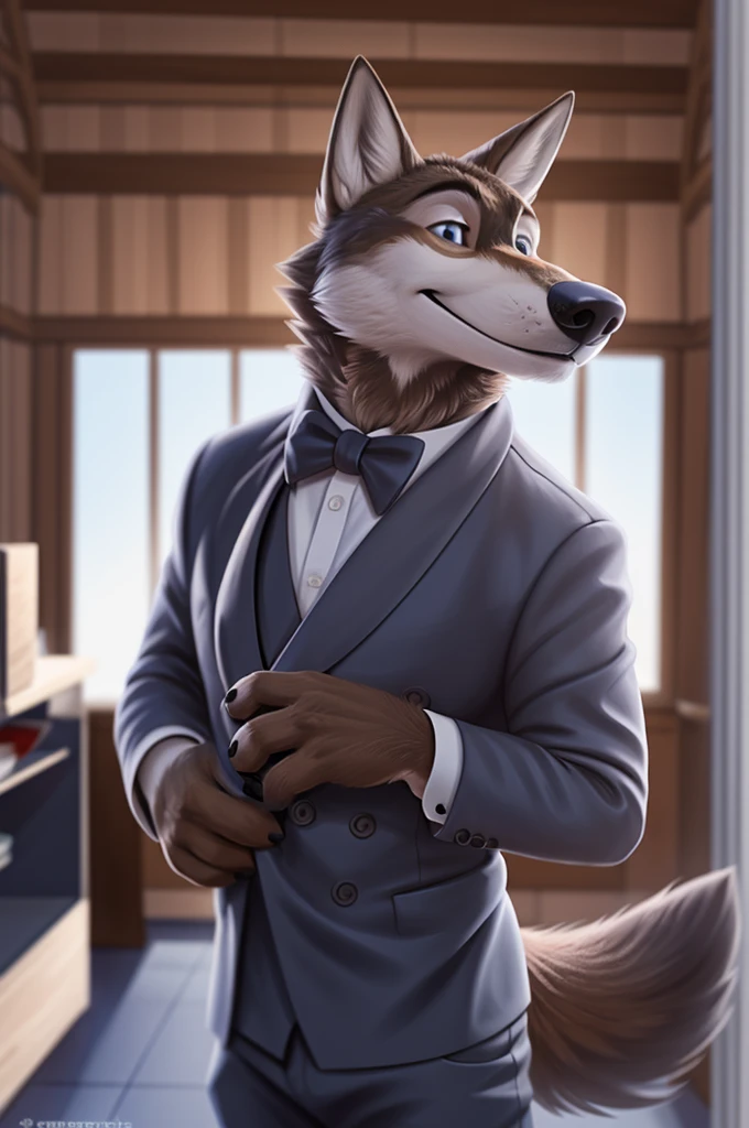 Larry (Zveropolis), wolf, gray fur, (brown body:1.3), beautiful blue eyes, Zveropolis, dressed,blazer,pink shirt,trousers,dresses, yellow bow tie, canine,wolf, Detailed fur, male, antro, paw pads, finger claws,dresses галстук бабочку, Plays,at viewer, 5 fingers, paws, 4 toes, in the shop, clothes, chooses a yellow bow tie, getting ready for the wedding,
BREAK from nextel, for dating, by xenoforge, (difficult, high detail,digital photography, soft focus, RAW, close to the camera, smile, positive, good, mood, Houses, looks at the viewer, очень close to the camera, in the shop,clothes,getting ready for the wedding, chooses a suit,
Photorealism, realistic, photorealistic,digital style, Subsurface scattering,очень close to the camera
шедевр, Best quality, ultra realistic, 8 k)