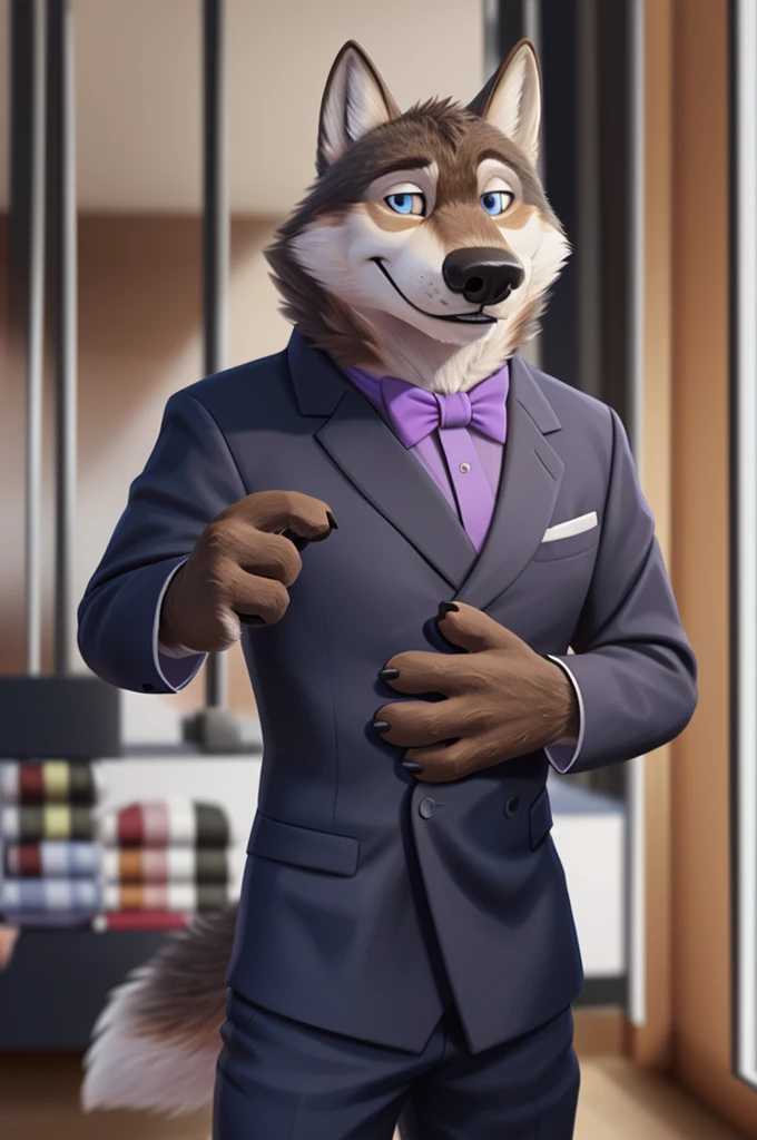 Larry (Zveropolis), wolf, gray fur, (brown body:1.3), beautiful blue eyes, Zveropolis, dressed,blazer,pink shirt,trousers,dresses, yellow bow tie, canine,wolf, Detailed fur, male, antro, paw pads, finger claws,dresses галстук бабочку, Plays,at viewer, 5 fingers, paws, 4 toes, in the shop, clothes, chooses a yellow bow tie, getting ready for the wedding, 
BREAK from nextel, for dating, by xenoforge, (difficult, high detail,digital photography, soft focus, RAW, close to the camera, smile, positive, good, mood, Houses, looks at the viewer, очень close to the camera, in the shop,clothes,getting ready for the wedding, chooses a suit, 
Photorealism, realistic, photorealistic,digital style, Subsurface scattering,очень close to the camera
шедевр, Best quality, ultra realistic, 8 k)
