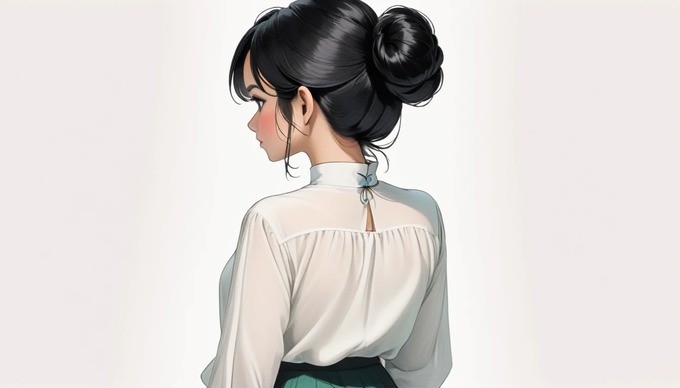 Back view of a 25-year-old Malaysian woman with black hair. White background, hair tied above the neck. Colored pencil drawing. white blouse. From head to foot. Whole body.