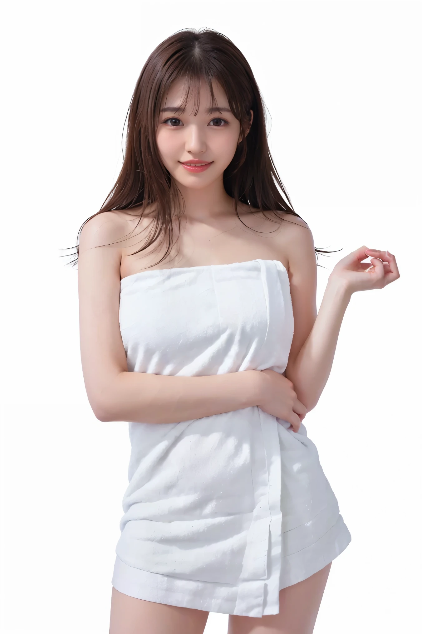 (Highest quality、Tabletop、8K、Best image quality、Award-winning works)、One beautiful woman、(Naked with a bath towel wrapped around her:1.3)、(The simplest pure white background:1.8)、(Damp Hair:1.1)、(Sweaty, damp skin:1.1)、Brightly lit face、Hot face、Very bright、Ultra-high definition cute face、Ultra high resolution perfect beautiful teeth、Ultra HD Hair、Ultra-high definition moist, shiny skin、Super high quality glossy lips、(Accurate anatomy:1.1)、(Big Breasts:1.1)、(Big cleavage:1.1)、Slender body、(Accentuate your body lines:1.1)、(Accurate anatomy:1.2)、(Perfect beautiful bath towels:1.3)、Staring at me