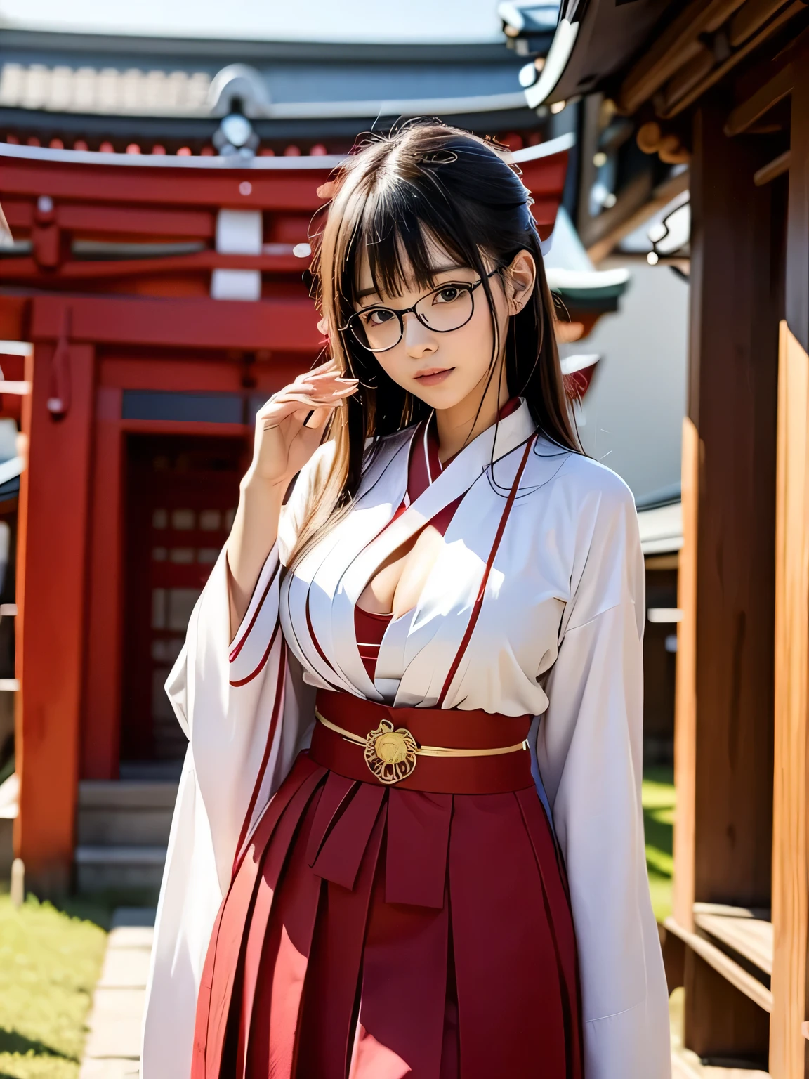 shrine maiden、Crimson too、Shrine maiden attire、ceremony、shrine、within the territory、Long Hair、beautiful girl、Clear Skin、Oracle、The chest is slightly open、cowboy shot,shrine maiden outfit,red skirt,Glasses、