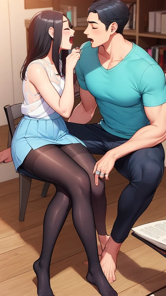 Ultra-detailed illustration, vulgar, Haruka Morishima (Amagami) suck penis、An office lady bending over and giving a blowjob、seducing、Close ~ eyes、white blouse、short sleeve、black skirt、white lace underwear、thighs、black high heels、ID card、background:Toilet hand washing area、backwards