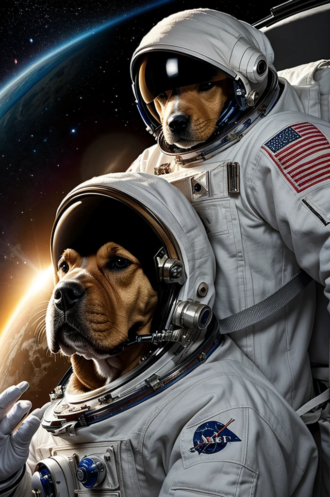 An astronaut with a skull face and next to him a puppy in space