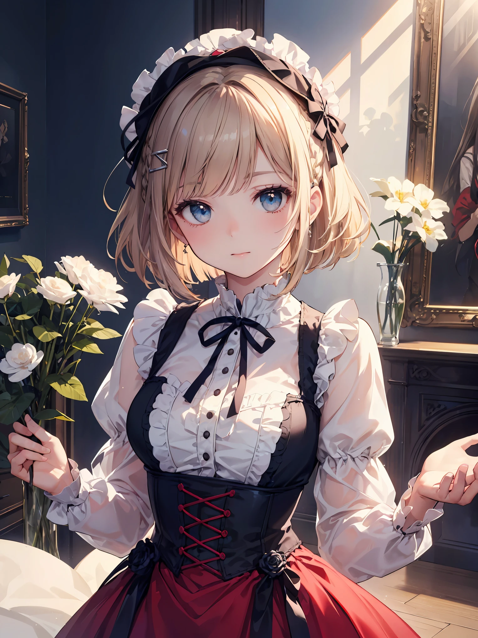 (Highest quality、16K、masterpiece、Ultra-high resolution、Victorian era、Photorealistic:1.2)、Cowboy Shot、One-length bob cut braided hair clip with front drop、Big ribbon、Stylish dresses from the brand、Dressy styles that are glamorous and pretty, with an emphasis on cuteness, bright shades and pop designs、cute、clear、 Tsundere、Heroine's Attributes、Artistic shading、Perfect Face、Detailed portrait、