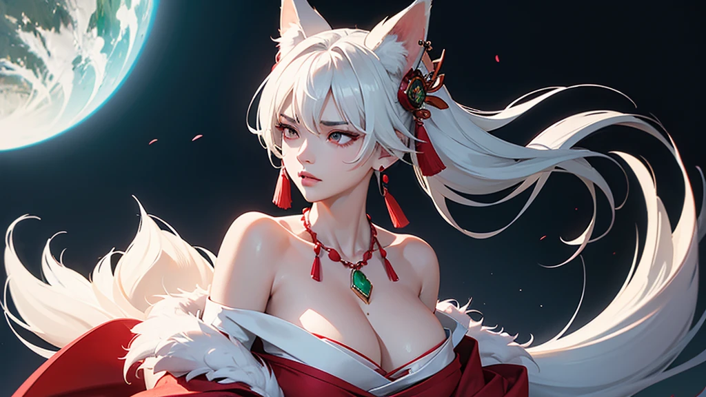 Ultra high definition。Full body drawing is required。Duck sitting。Enraged, he turns his face away。Red off-the-shoulder kimono。Emerald Cyberpunk World Background。Side camera high angle bust zoom up。Mature Woman。White hair with fox ears。Emphasizing the cleavage of huge breasts。Earrings。necklace。brooch。Many hair accessories。