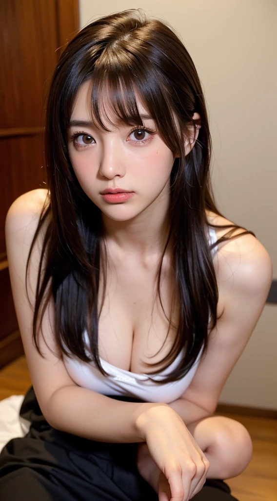 ((Highest quality, High resolution, Hmph, Pixel perfect, 4K, Hmph, Hmph))), single, alone, Beauty、The whole body is visible、 ((Long Hair, bangs, Brown Hair)), ((Brown eyes, Beautiful eyelashes, Realistic eyes)), ((Detailed face, Blushing:1.2)), ((Smooth texture:0.75, Realistic texture:0.65, Realistic:1.1, Detailed Photos)), Medium chest, Dynamic Angle, Perfect body, ((全naked、I'm not wearing shoes、White Sox)), outside、Sit at a desk、Lower'I took my feet off the desk.............................................................、evening、、、Very embarrassing panic smile、(Spread your legs、Knees wide open、Floral lace )、、(Pink lace bra)、Angle from below、((Prostitxy))、((Accentua crotch))、(((naked)))、(((With legrt)))、((Pervert))