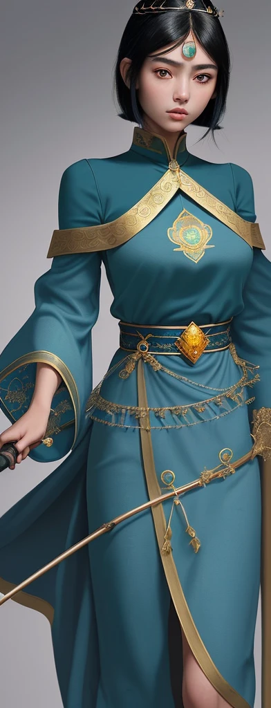 An oriental girl with a round face.
Her jet black hair is cut above her shoulders..
He wears a blue tunic with gold embroidery on the sleeves and bottom..
He wears a diadem with a green gem on his forehead and in his hand he carries a staff with a bluish crystal at the top.. 