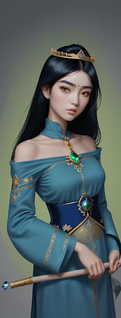 An oriental girl with a round face.
Her jet black hair is cut above her shoulders..
He wears a blue tunic with gold embroidery on the sleeves and bottom..
He wears a diadem with a green gem on his forehead and in his hand he carries a staff with a bluish crystal at the top.. 