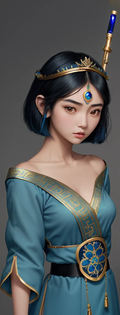 An oriental girl with a round face.
Her jet black hair is cut above her shoulders..
He wears a blue tunic with gold embroidery on the sleeves and bottom..
He wears a diadem with a green gem on his forehead and in his hand he carries a staff with a bluish crystal at the top..