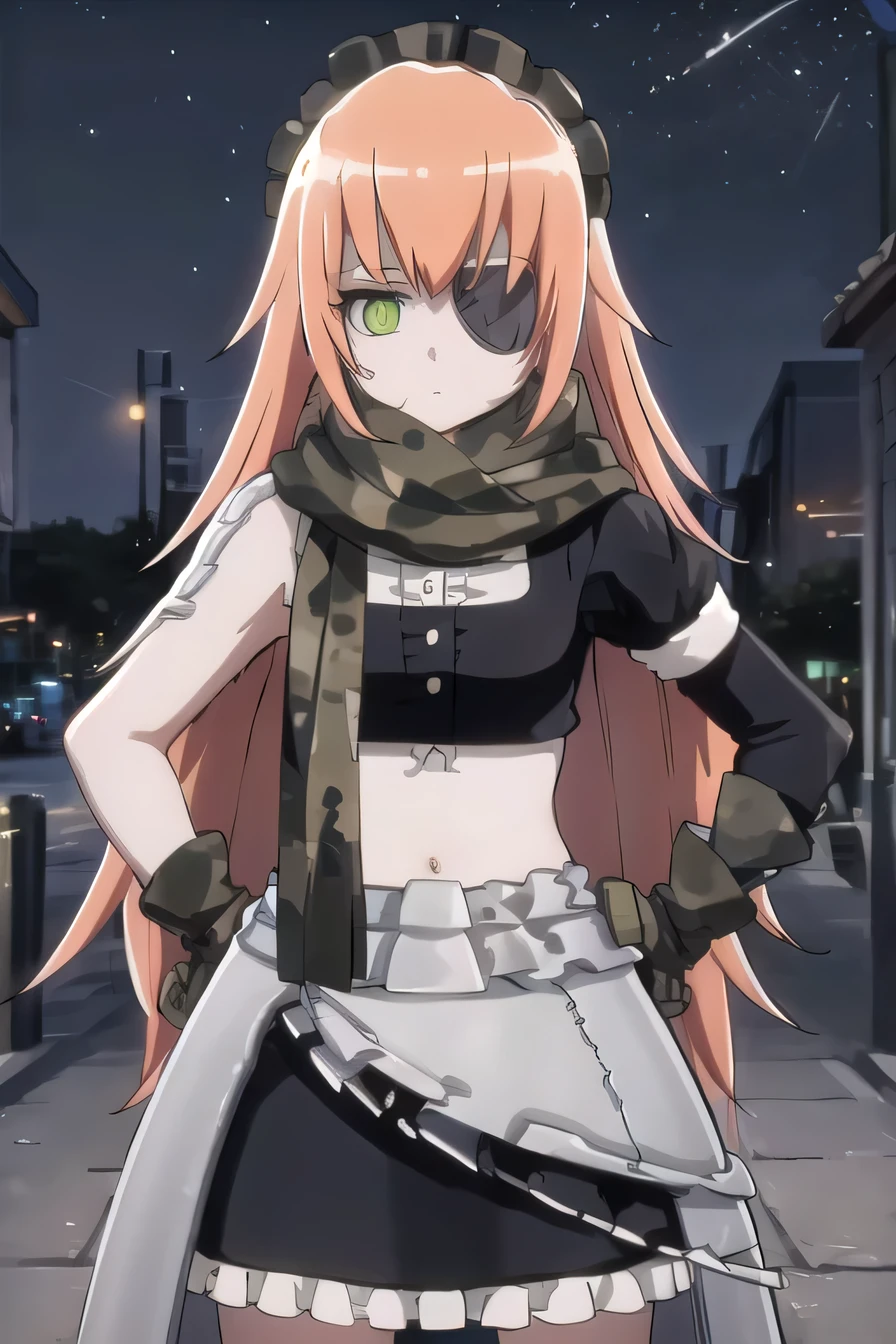 cz2128 delta, (Masterpiece, Best Quality, Highres:1.4), Detailed, Intricate Details, 4K,
 green eyes, eyepatch, maid maid headress, 1girl, armor, camouflage, scarf, gloves,
pov, from front, high quality, solo, 1girl, night sky, beach, arm behind head, hand on hip, (contrapposto), closed mouth, spread armpits, (cowboy shot:1.5), looking at viewer, expressionless, best quality,@
 