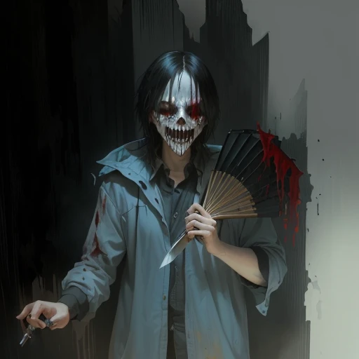 (masterpiece, best quality:1.2), cover image, splashed color background, highly detailed, colorful black, 1 girl, long silver hair, red eyes, blood on eye, head in the hand, short hair, blunt bangs, mannequin, cool face, ((( green sexy ghost))), illustration, horror art, dread, creepy, blood, blood eyes, gore, opened mouth, blood in mouth,