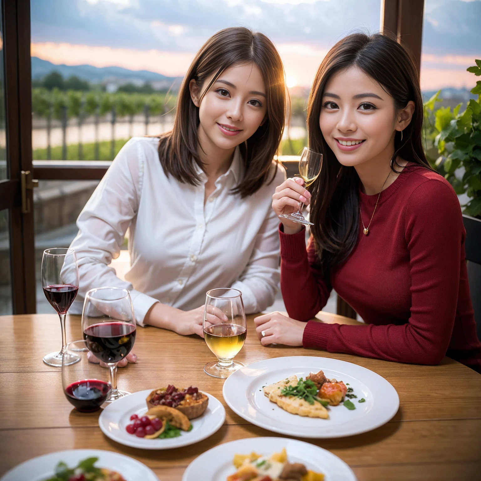 ((Highest quality、8K、masterpiece:1.3))、 (Genuineistic, Genuine、Bright image、Intricate details:1.2), 最高のsmile、1 male 1 female、Beautiful couple、Lovey-dovey lovers、Satomi Ishihara lookalike fiance、Good friends、actress couple、smile、Full-course dinner at a packed table、 (Slim face), (the body is slim), (Brown Hair), (short hair), テーブルのwine glass、Please shine a light on my face、 Amazing view of the sunset sky and clouds、42 years old 39 years old, red wine 、Appetizers、Wine bottle、sparkling wine、Long sleeve shirt、dress、White wine, red wine, wine glass, 