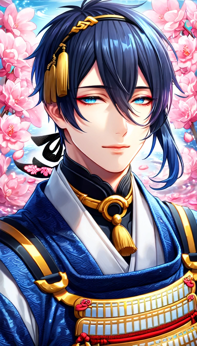 absurdres, highres, ultra detailed, HDR, master piece, best quality, Mikazuki Munechika, dark blue hair, expressive blue eyes, Touken Ranbu, solo, sexy man, handsome, dark blue kimono, fantasy, shining, water, pink flowers, pink blossoms, pink butterflies, pink petals