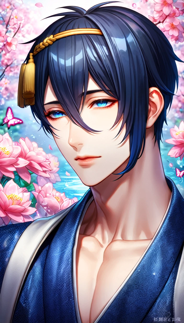 absurdres, highres, ultra detailed, HDR, master piece, best quality, Mikazuki Munechika, dark blue hair, expressive blue eyes, Touken Ranbu, solo, man, handsome, dark blue kimono, fantasy, shining, water, pink flowers, pink blossoms, pink butterflies, pink petals