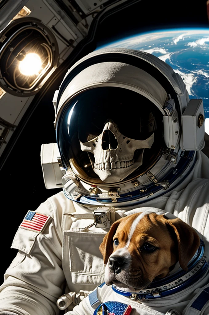 An astronaut with a skull face and next to him a puppy in space