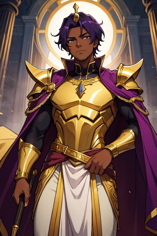 Dark skinned King, golden hammer , purple and white robe, gold trim, gold shirt and pants, shiny armor pads