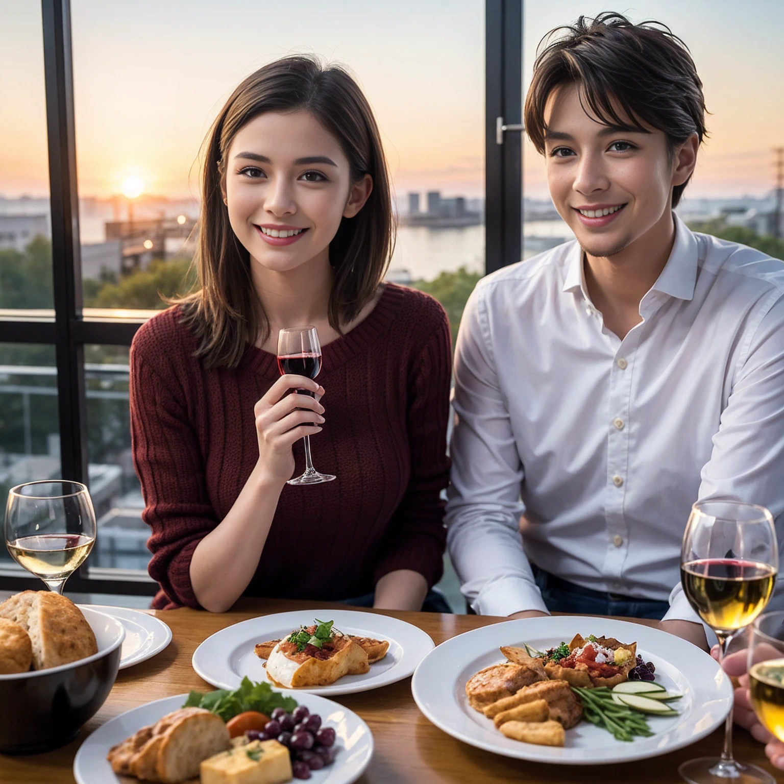 ((Highest quality、、masterpiece:1.3))、 (Genuineistic, Genuine、Bright image、Intricate details:1.2), 最高のsmile、1 male、1 female、Beautiful couple、love love love、fiancee、Good friends、actress couple、smile、Full-course dinner at a packed table、 (Slim face), (the body is slim), (Brown Hair), (short hair), テーブルのwine glass、Please shine a light on my face、 Amazing view of the sunset sky and clouds、29-year-old,age 34、 red wine 、Appetizers、Wine bottle、sparkling wine、Long sleeve shirt、dress、White wine, red wine, wine glass,
