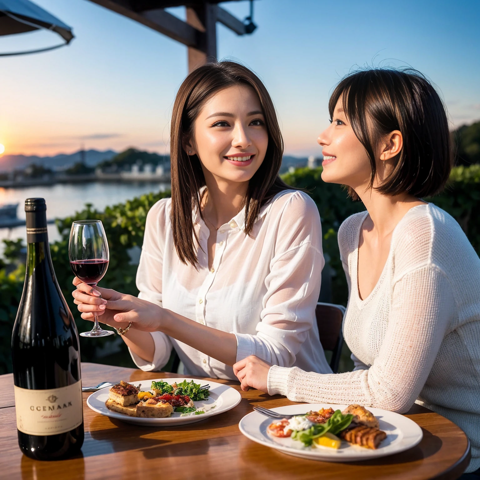 ((Highest quality、8K、masterpiece:1.3))、 (Genuineistic, Genuine、Bright image、Intricate details:1.2), 最高のsmile、1 male、1 female、Beautiful couple、Love Love Love、A  who resembles Miki Nakatani、Female announcer、actress couple、smile、Full-course dinner at a packed table、 (Slim face), (the body is slim), (Brown Hair), (short hair), テーブルのwine glass、Please shine a light on my face、 Amazing view of the sunset sky and clouds、42 years old 39 years old, red wine 、Appetizers、Wine bottle、sparkling wine、Long sleeve shirt、dress、White wine, red wine, wine glass, 