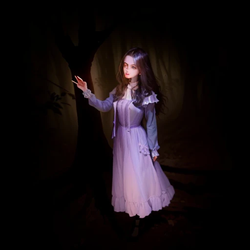 there is a woman in a purple dress standing in a dark room, twilight ; digital painting, shadowy and eerie character, inspired by Clarice Beckett, digital art of an elegant, pale young ghost girl, painted in the style arcane, standing in a dark forest, woman in a dark forest, inspired by Daphne Fedarb, girl walking in dark forest
