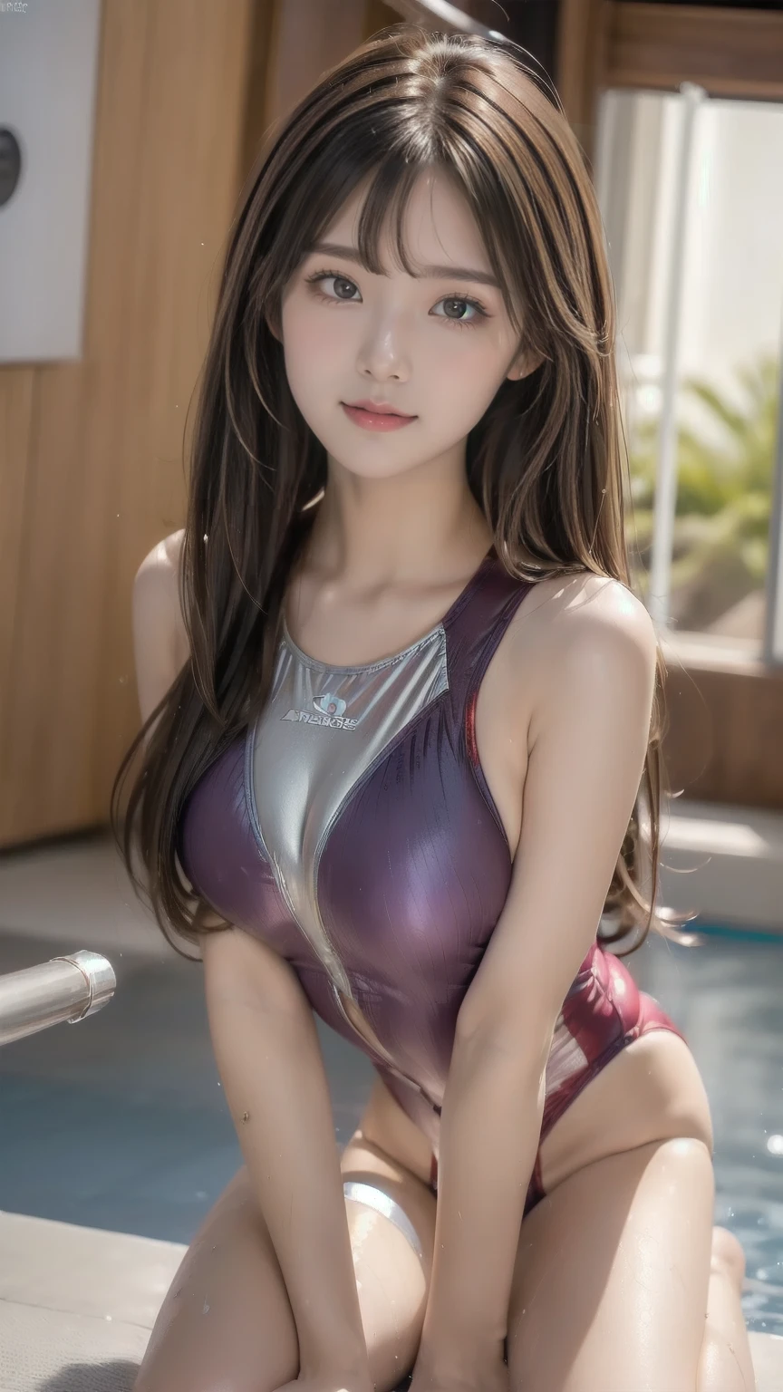 ((Highly detailed skin), Beautiful realistic face, White skin, Pointed , Small , Perfect , Realistic eyes, Natural Eyes, Brown eyes, Accurate eye focus, Accurate limbs), (Hyper Realist, Ultra-realistic, 4K, Attention to detail, Ultra-high resolution, Highest quality, masterpiece, Presence, dynamic, Uplifting, bold, Sharpness), (Thinning hair:2), (Soft Hair:2), (Straight hair:1.5), Long, slicked bangs, Light copper amber hair, Hair on one eye, (Twin tail hair), (Wearing a competitive :1.5), The shine of competitive swimsuits, Metallic colors競泳, Metallic Racing , (Metallic high leg ), Metallic School , ({Metallic red color| Metallic navy color| Metallic purple color| Metallic pink color| Metallic gold color| Metallic silver color| Metallic black color| Metallic colors} color), (Indoor Poolside), (:1.3), Tall, Small waist, Elongated arms and legs, (, ), I'm sticking my  up, Sticking out her , Accentuate your , The  is digging into her , smile, whole body, Put your  close, Accentuate your , Looking into the camera,
