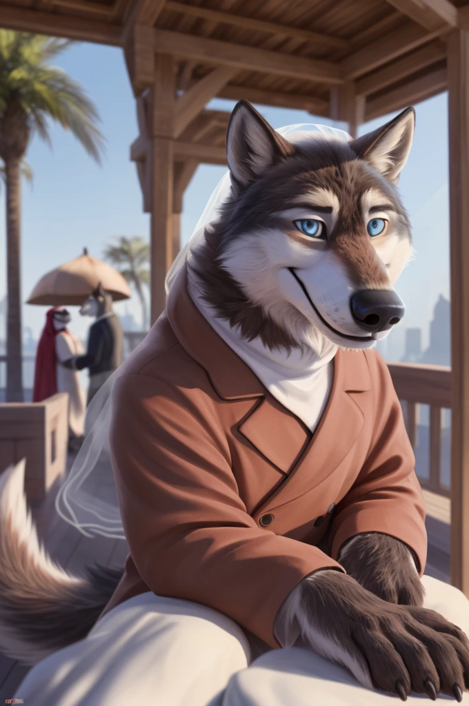 Larry (Dubai), wolf, gray fur, (brown body:1.3), beautiful blue eyes, Dubai, dressed, white hijab, белый головной убор Sheikhа,Arab, Sheikh,cape, canine,wolf, Detailed fur, male, antro, paw pads, finger claws, Plays,at viewer, 5 fingers, paws, 4 toes, walking around dubai, is sitting, 
BREAK from nextel, for dating, by xenoforge, (difficult, high detail,digital photography, soft focus, RAW, close to the camera, smile, positive, good, mood, Houses, looks at the viewer, очень close to the camera, in the shop,his wedding, дворец Sheikhа, 
Photorealism, realistic, photorealistic,digital style, Subsurface scattering,очень close to the camera
шедевр, Best quality, ultra realistic, 8 k)