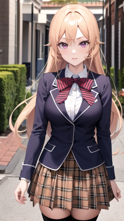 masterpiece, best quality, highres, aaerina, long hair, red bow, striped bow, blazer, blue jacket, long sleeves, plaid skirt, brown skirt, black thighhighs, outdoors, cowboy shot, standing, looking at viewer,