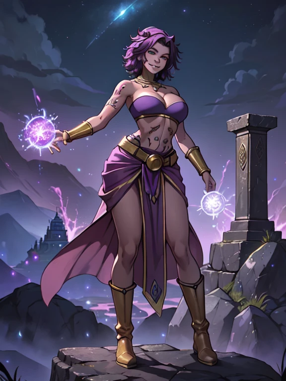 Step into the realm of high-fantasy with a photo of a mesmerizing game character featuring resplendent purple hair and rich brown skin. She's a sorceress that wields her magical powers with grace and precision, showcasing her exceptional abilities. The photo captures the essence of a powerful and majestic sorceress, destined for greatness in a world filled with mystical wonders. (Realm of high-fantasy with mesmerizing game character), (Resplendent purple hair and dark skin:1.2), (covered in tattoos:1.3), (Wearing: golden headpiece, necklace, purple bandeau, golden belt, purple pelvic curtain, sarong, bracer, golden boots:1.2), (Magical powers with grace and precision), (Powerful and majestic character:1.3), inspired by greatness in a world of mystical wonders,(((milf))), looking at viewer with an calm smile, fierce and confident posture, both hands glowing bright purple, purple magic, bright purple sparks in both hands, (Night time, ethereal and magical atmosphere, outdoors, dark clouds in the sky, purple lighting, stone temple, mount top, stone structures, purple and magenta aroura's in the surroundings, gorgeous view of the mountains)
