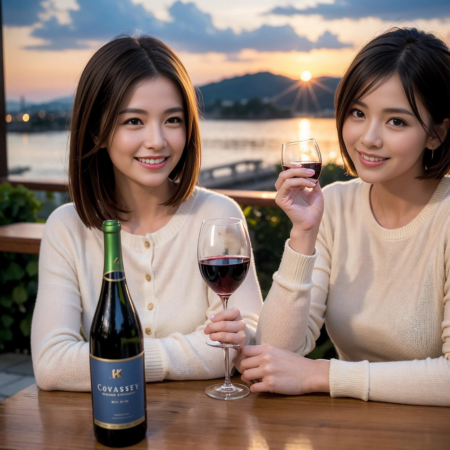 ((Highest quality、8K、masterpiece:1.3))、1 male 1 female、Yuuko Araki、 years 、Pink Couple、smile、 (Slim face), (the body is スリム), (Brown Hair), (Shortcuts), テーブルのフルコースディナーとwine glass、Amazing view of the sunset sky and clouds、smileの美しさ、Wine bottle、sparkling wine、Long sleeve shirt、dress、White wine, red wine, wine glass, 