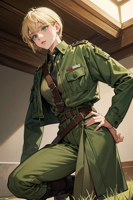 SHE has messy, short blond hair and lime-green eyes. She dresses in a green dress military uniform, which consists of a green jacket, a brown Sam Browne Belt (the over-the-right-shoulder-and-waist-belt), green pants tucked into hER boots, off-white shirt , a tie that's a shade of green that's slightly darker than the rest of his uniform, and brown boots that almost come up to his knees. SPARKLE; GLITTER