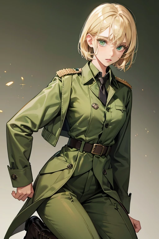 SHE has messy, short blond hair and lime-green eyes. She dresses in a green dress military uniform, which consists of a green jacket, a brown Sam Browne Belt (the over-the-right-shoulder-and-waist-belt), green pants tucked into hER boots, off-white shirt , a tie that's a shade of green that's slightly darker than the rest of his uniform, and brown boots that almost come up to his knees. SPARKLE; GLITTER