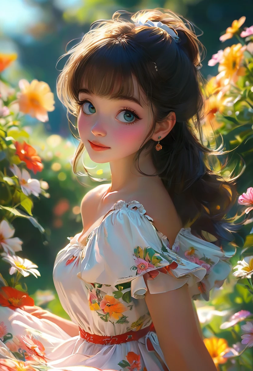 Adorable, Woman,big-eyed woman, round face. promenent lips. Smileing,In the garden,Her hands are behind her...., , large ass, wearing a cute sun dress. Picture from the side,looking at the scenes, intense colors, Very valuable details, complex details, volumetric lighting, digital art, 8k, trending on Artstation, Clear focus, complex details, highly detail, Greg Rutkowski Big Eyes, high-resolution, Black hair. Anna Popplewell
