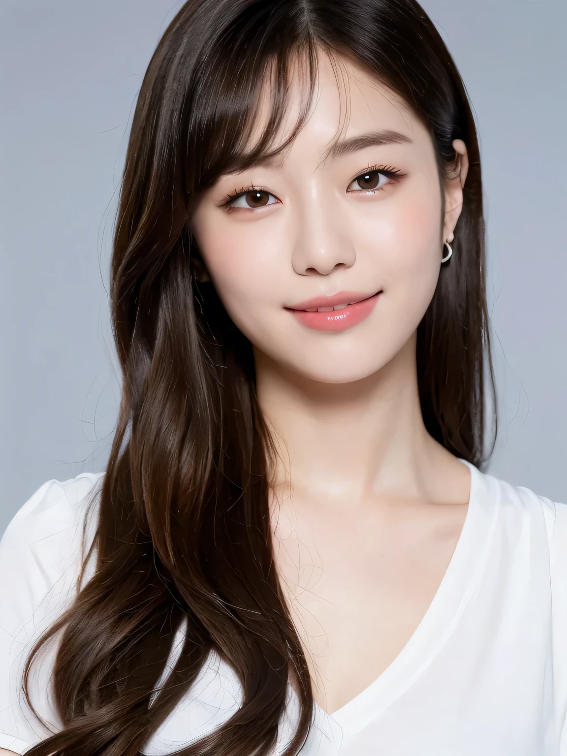 (((Best image quality,8K quality),masterpiece)), Drawing style tags: Bangs, long hair:1.2, white shirt:1.1, highlighted body: 1. Plum:1.2, front shot:1.5, Summary of body details: refined face:1, double eyelid:1, smile:1, Photo scene details: gray background, k-pop idol, korean