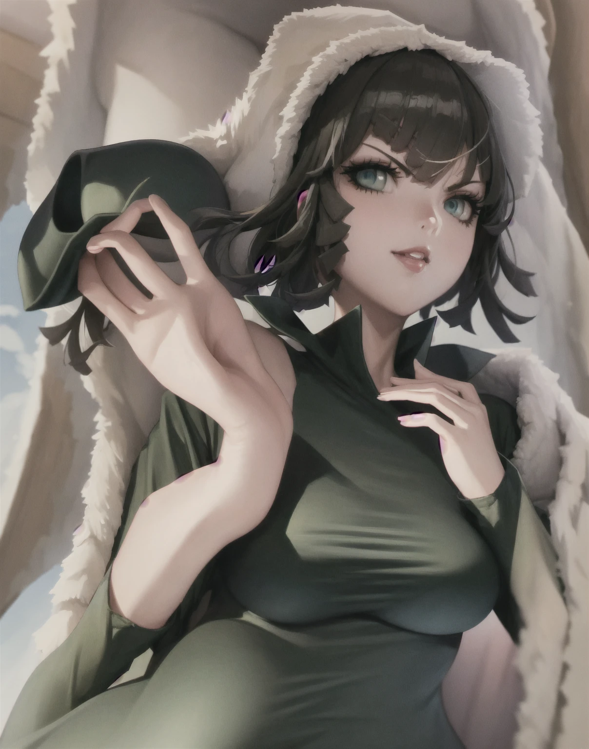Fubuki, (green fur), [black fur], (Perfect eyes:1.3),green eyes, dress, long sleeves, jewelry, collar, green dress, (fur shelter:1.2), taut dress, tight clothing, Covered navel, shelter (realist:1.5), (venusbody), (giant breasts:1.4), (Wide hips:1.3), (thick thighs:1.4), (((Best Quality)), ((Masterpiece)), (mature woman), photorealist, photorealist face, cinematic light, (cutaneous denture:1), beautiful, female, (Perfect face:1.1), (Perfect eyes, detailed eyes), perfect hands, curves:1.5, narrow waist:1.2, large eyes), (1 girl:1.4, Alone, enfocarse Alone, ((sfw:1.3)), looking at the viewer, dynamic pose, seductive smile), City, Cityscape, horizon,
