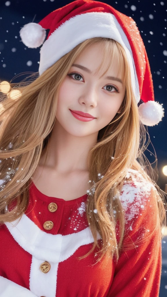 1girl, (santa claus costume slim fit:1.75), symmetry,(Cute ultra young girl:2.0),(ultra short hair:1.75), ultra big smile, (Beautiful large round droped detailed eyes:1.75), beautiful detailed lips, (extremely detailed beautiful face, natural makeup, Incredibly beautiful skin:2.0), (best quality,4k,8k,highres,masterpiece:2.0),(ultra-detailed,realistic,photorealistic,photo-realistic:1.75),professional,vivid colors,studio lighting on her face, (snowing night town,christmas eve:1.25)