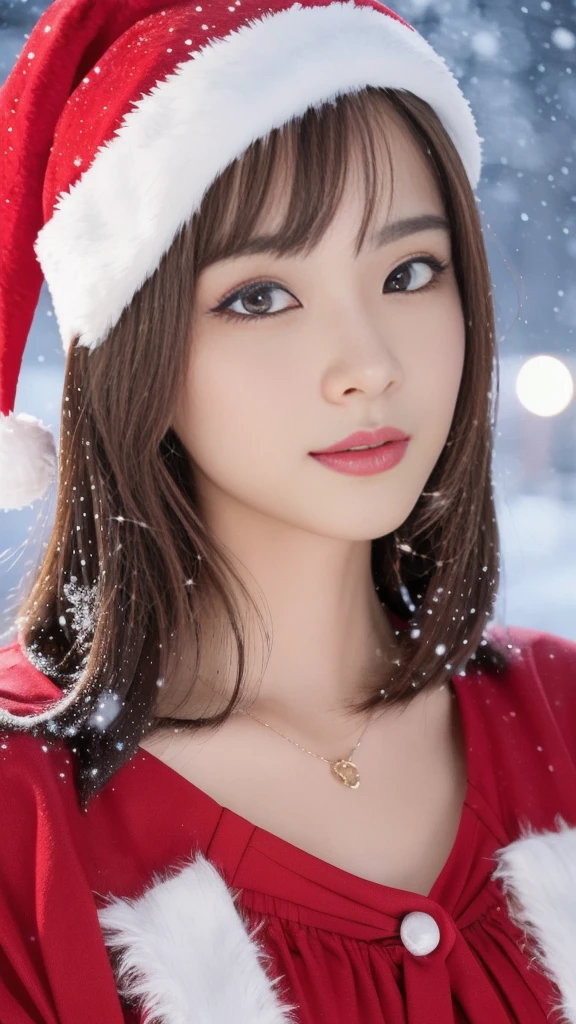 1girl, (santa claus costume slim fit:1.75), symmetry,(Cute ultra young girl:2.0),(ultra short hair:1.75), ultra big smile, (Beautiful large round droped detailed eyes:1.75), beautiful detailed lips, (extremely detailed beautiful face, natural makeup, Incredibly beautiful skin:2.0), (best quality,4k,8k,highres,masterpiece:2.0),(ultra-detailed,realistic,photorealistic,photo-realistic:1.75),professional,vivid colors,studio lighting on her face, (snowing night town,christmas eve:1.25)