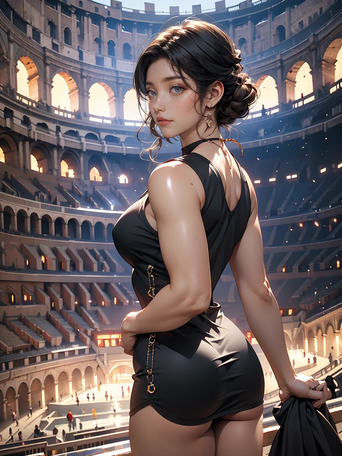 Create a picture of Lara Croft sitting in a seat at a classical music concert at the Royal Albert Hall in London. The grand and iconic architecture of the concert hall should be prominently featured, with its ornate details, high ceilings, and majestic stage. Lara is seated in the audience, hair up, silver white earrings, dressed elegantly in a stylish strapless black dress suitable for such an event. Surrounding her are other well-dressed concertgoers, and the hall is filled with people, with warm, ambient lighting. The overall atmosphere should convey sophistication, culture, and the grandeur of the Royal Albert Hall. DLSR, sharp focus, soft lighting, masterpiece, perfect face, ultra detailed face, perfect brown eyes, beautiful face, photorealistic, 8k, masterpiece
